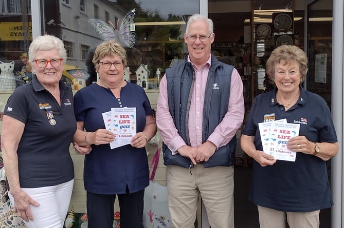 Launching the RNLI Sea Quiz at Kilgetty Pharmacy are Pembroke RNLI Guild chair Daphne Bush, Pharmacy Manager Carolyn Finlay, Valero policy & public affairs manager Stephen Thornton and Quiz author, Saundersfoot RNLI Branch president Jennie McIntosh.